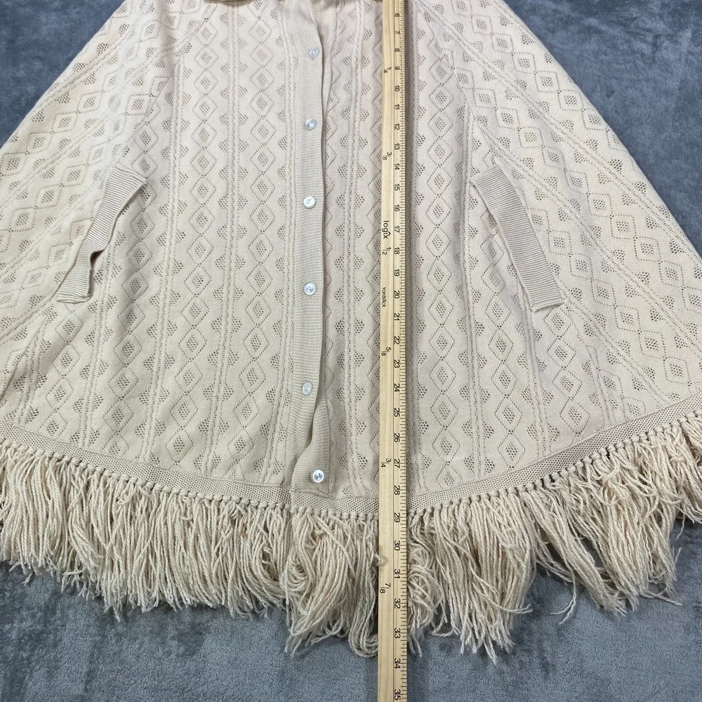 Vintage Womens Cardigan Cream Pointelle Knit Fringe Button Front Boho 70s Retro